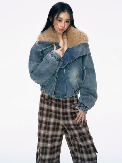 PCH - Cropped Denim Jacket with Faux Shearling Collar