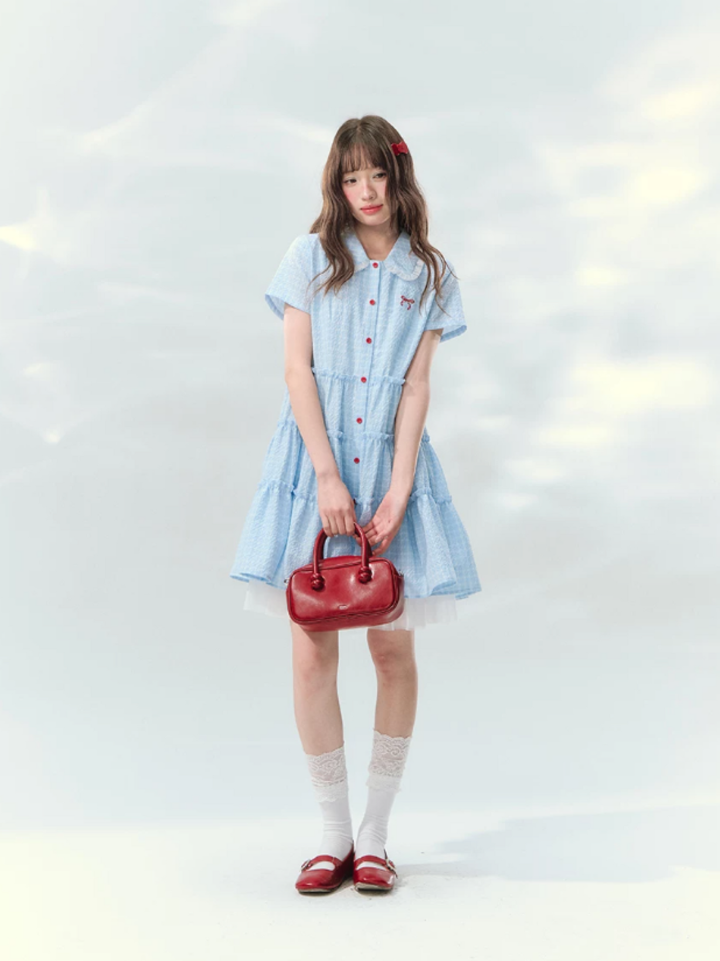 “Weaving Red Melody” Blue Plaid Tiered Ribbon Dress SJ2026125