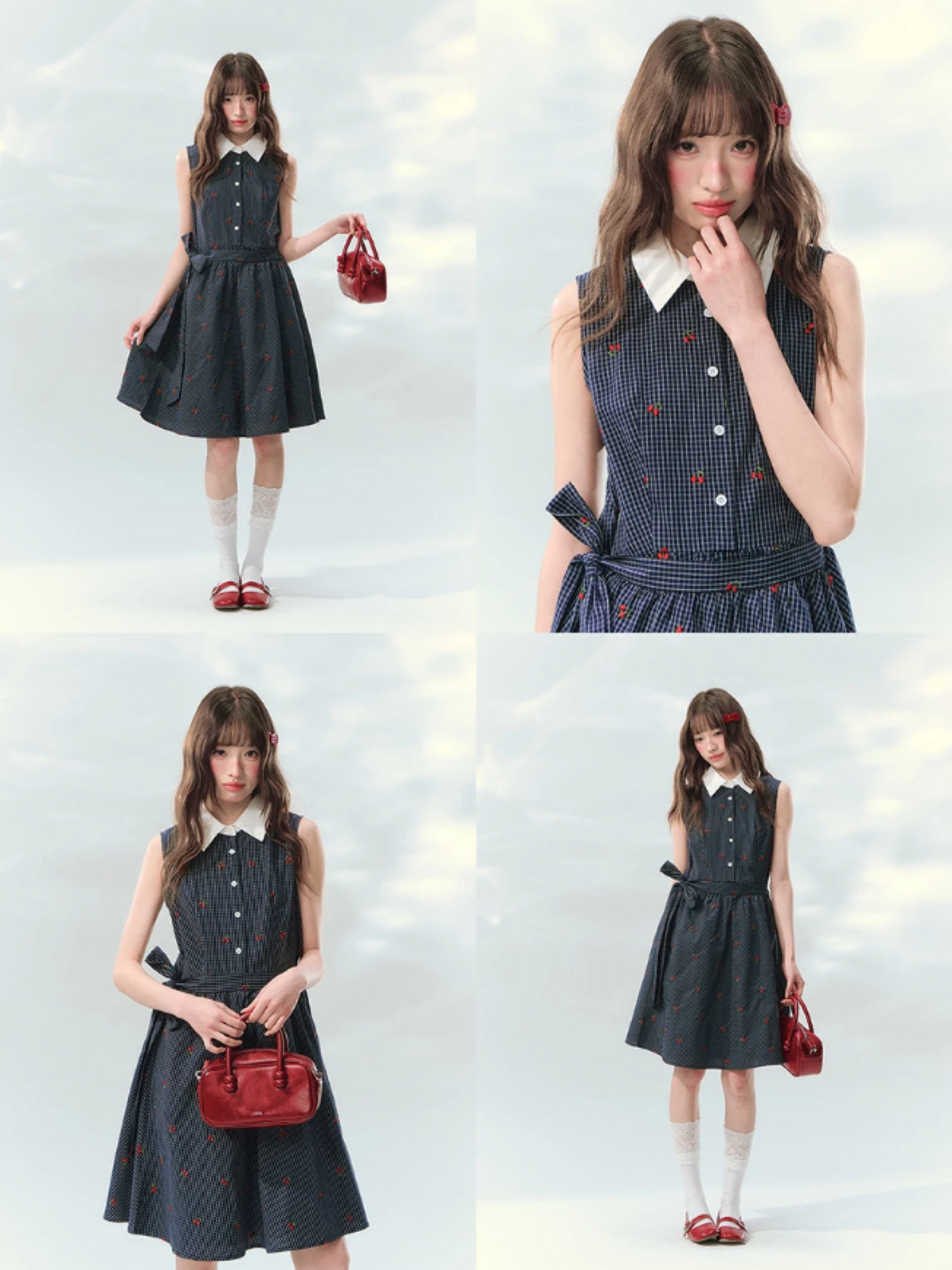 “Twin Bloom Letters” Navy Plaid Embroidered Shirt Dress LL2026139
