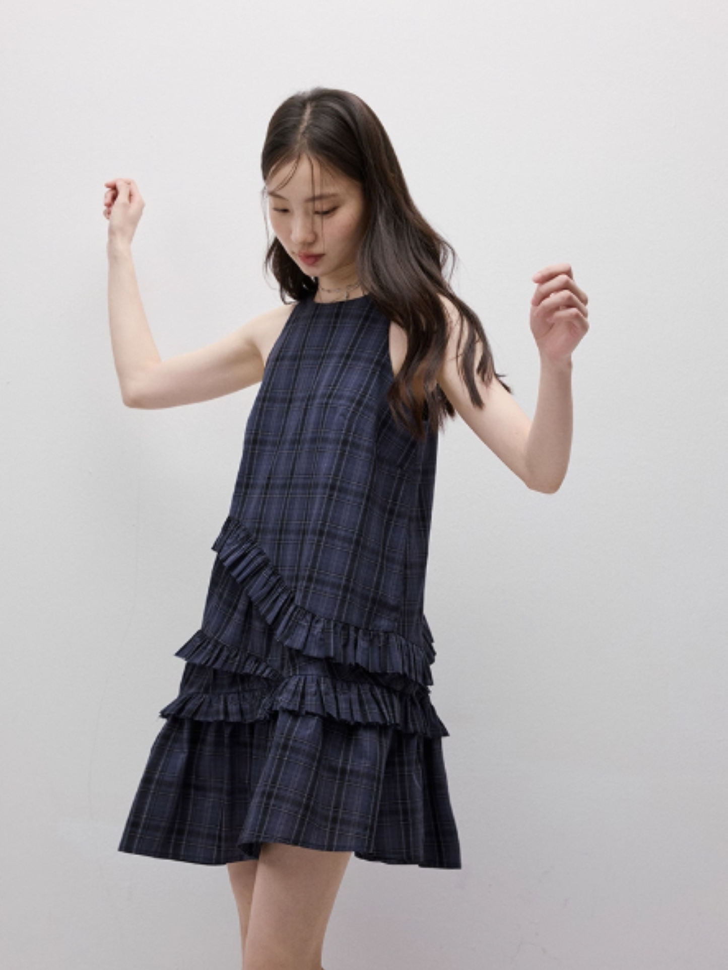 FUSSED Asymmetric Ruffle Plaid Dress – Midnight Blue FOF-25SS026