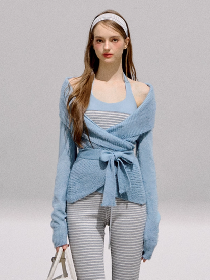 BOHOL BLING - Colorblock Yoga-Inspired Knit Halter Top Set – Camisole, Cardigan & Pants