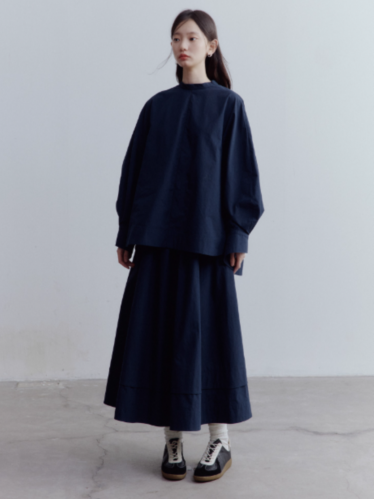 FUSSED Everyday Nerd A-Line Pleated Cotton Midi Skirt in Prussian Blue FOF-25SS172b