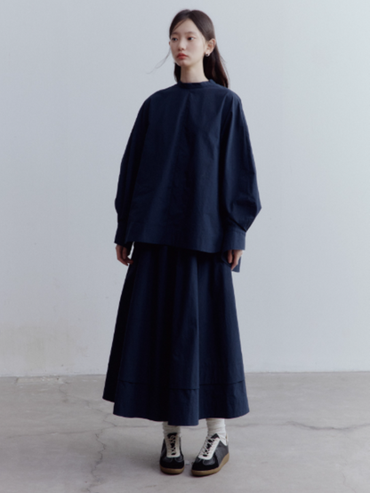 FUSSED Everyday Nerd A-Line Pleated Cotton Midi Skirt in Prussian Blue FOF-25SS172b