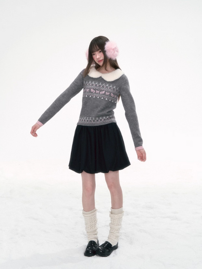 '雪绒甜心' Fair Isle Knit Top with Detachable Faux Fur Peter Pan Collar – Gray/ Navy