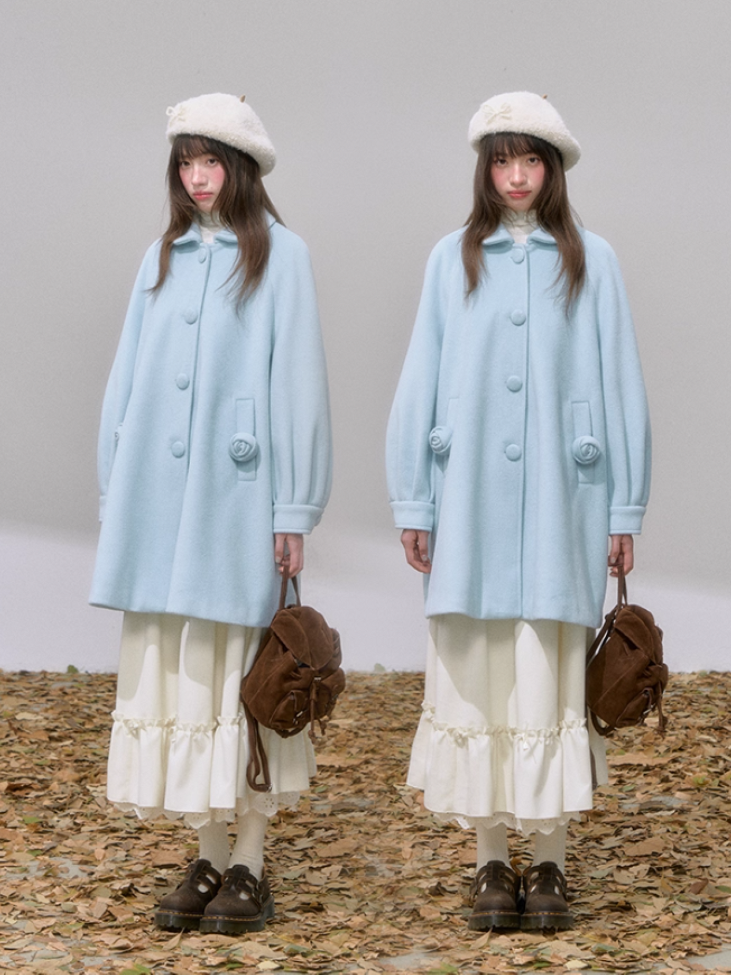 "风吟花语" Sugar Blue A-Line Wool Coat with Detachable Floral Pockets
