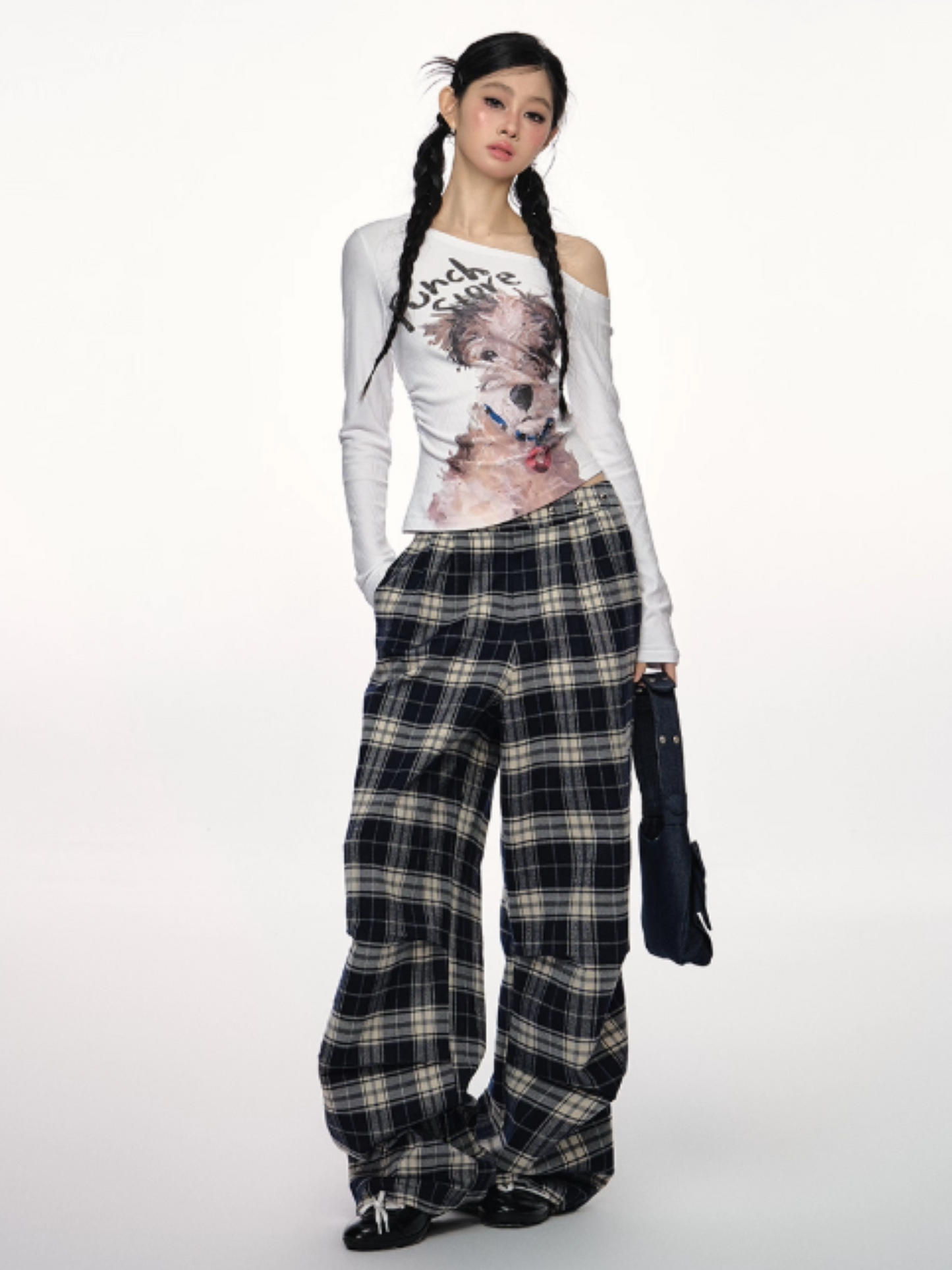 PCH - Asymmetrical Studded Off-Shoulder Top with Dog Print