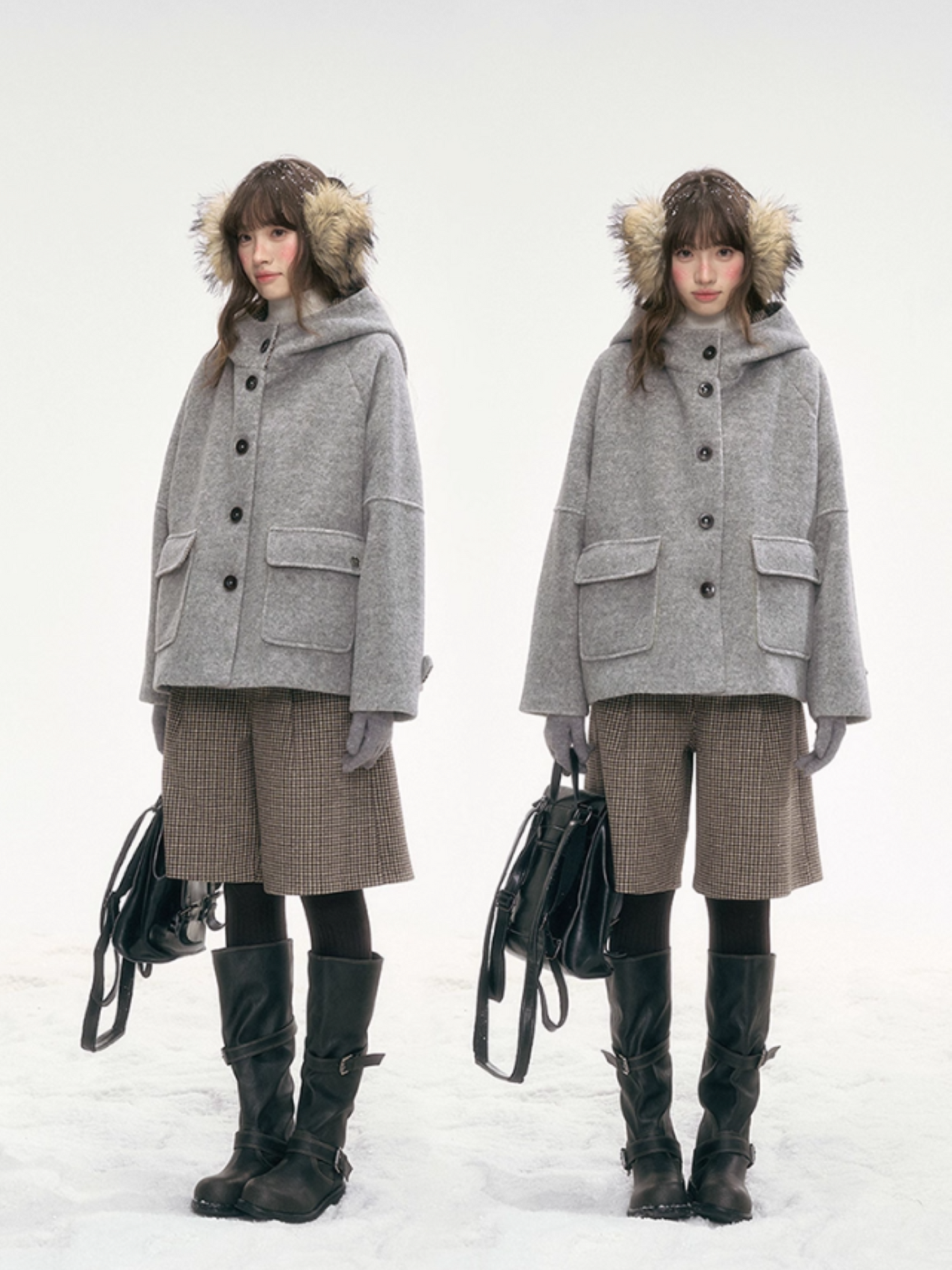 "Ash Mist Soft Wool" Two-Piece Set – Gray Coat & Plaid Shorts LL2025318
