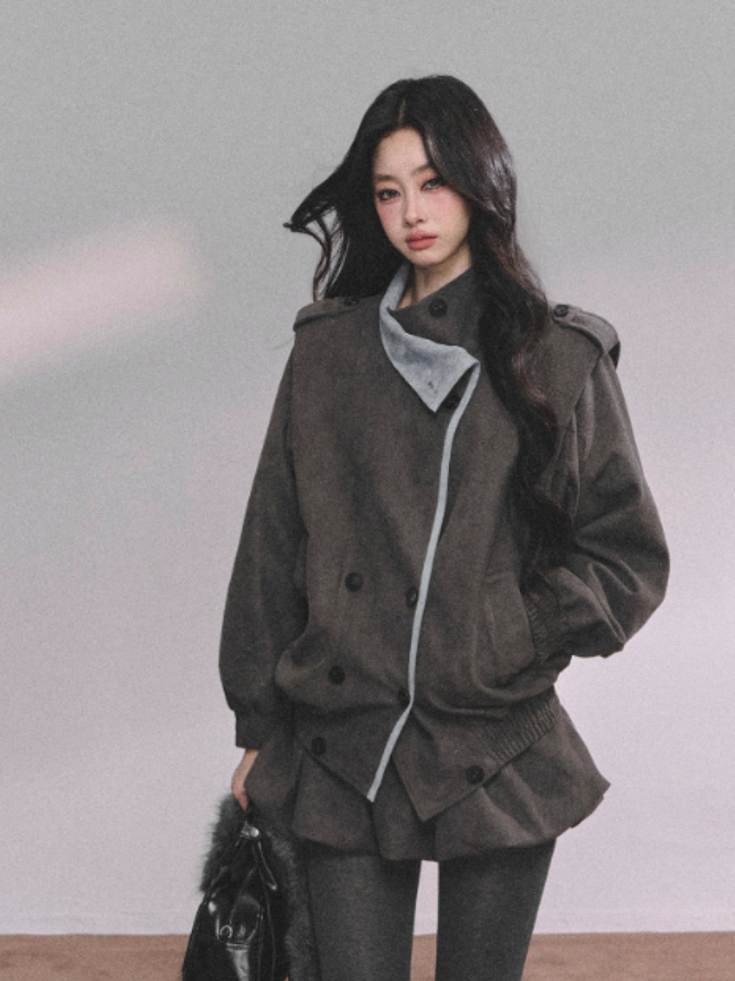 少也眼 Elegant French-Inspired Grey Jacket and Skirt Set