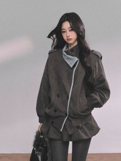 少也眼 Elegant French-Inspired Grey Jacket and Skirt Set