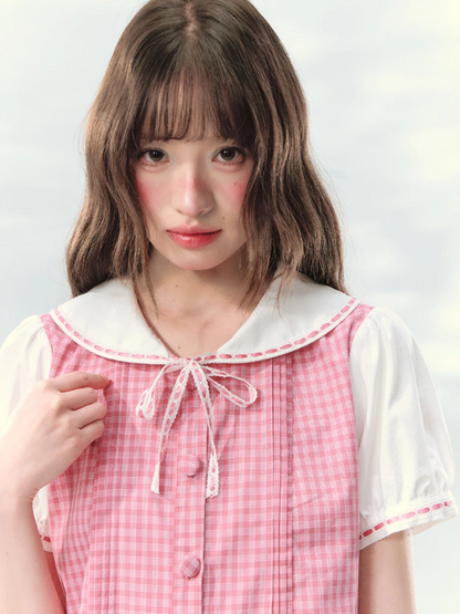 “Peach Plaid Academy” Pink Plaid Peter Pan Dress LL2026152