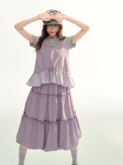 Lavender Plaid Bubble Top & Tiered Skirt Set SJ2026091