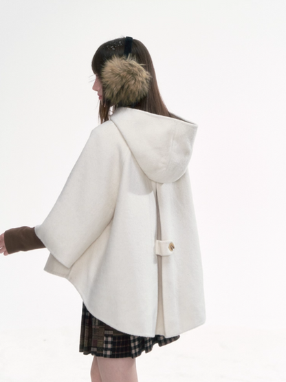 '漫游者' White Wool-Blend Hooded Cape Coat