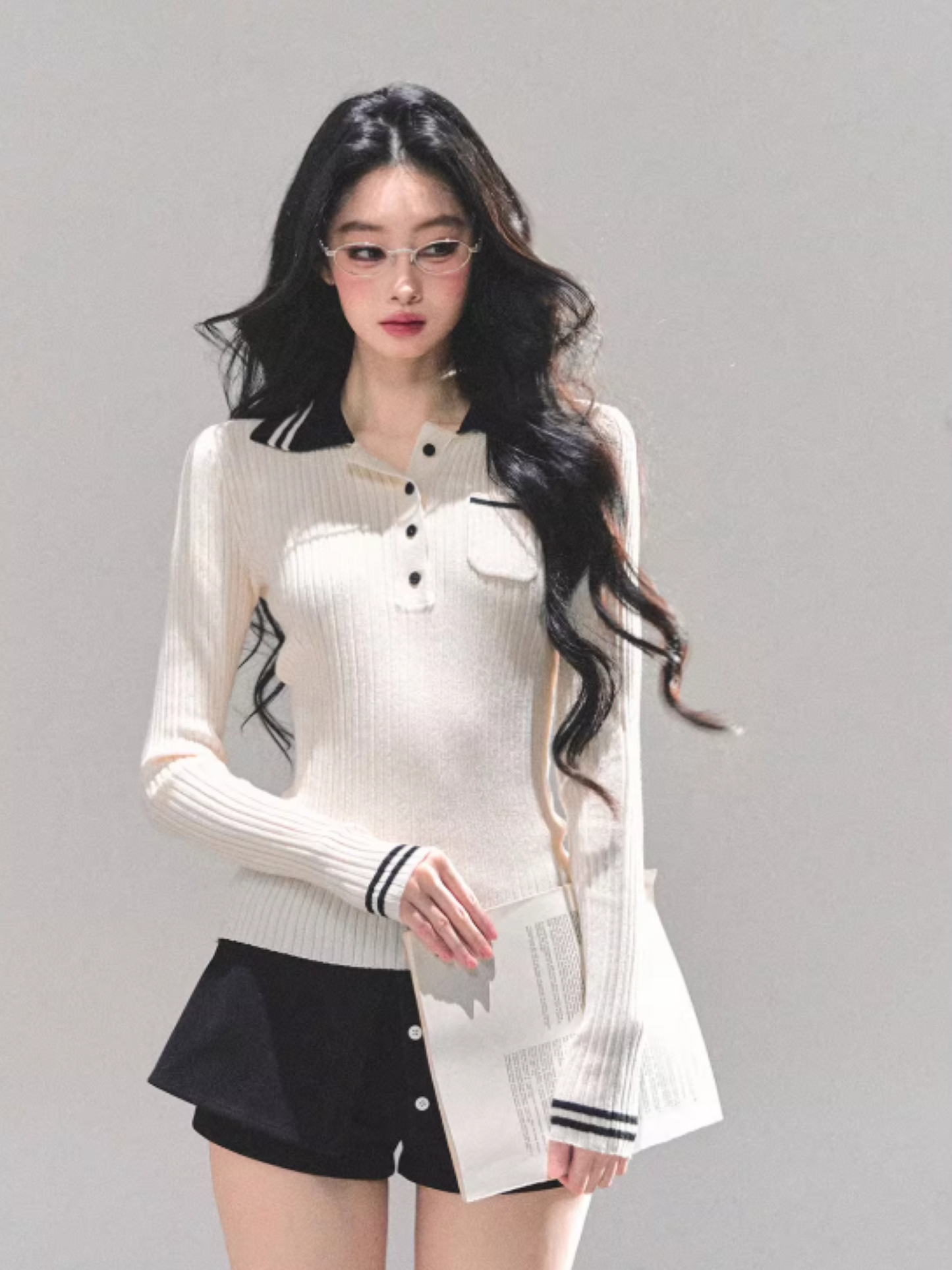"温蒂的信" Classic Polo Collar Knit Top - White