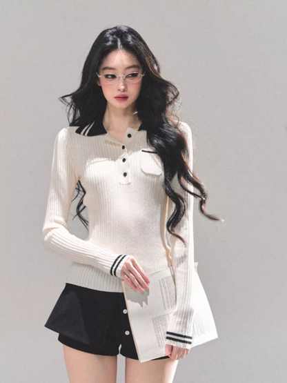 "温蒂的信" Classic Polo Collar Knit Top - White