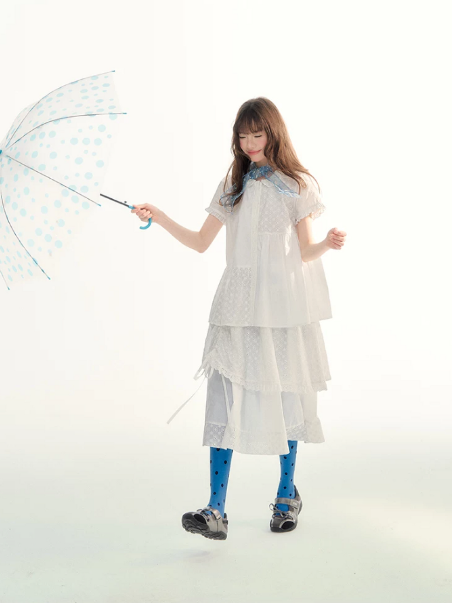 White Embroidered Peter Pan Collar Skirt Set LL2026088