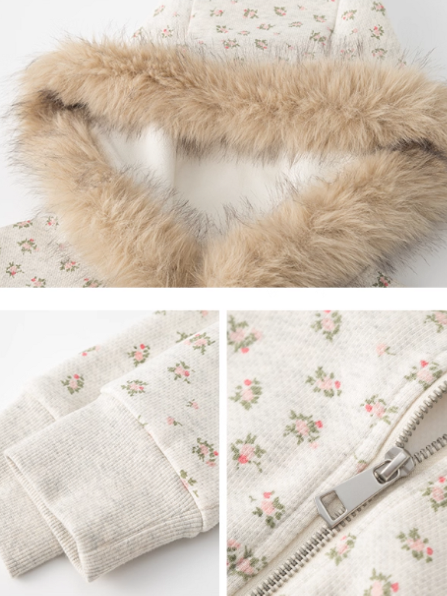 1P - Floral Faux Fur Hooded Fleece Two-Piece Set – Hoodie & Jogger Pants