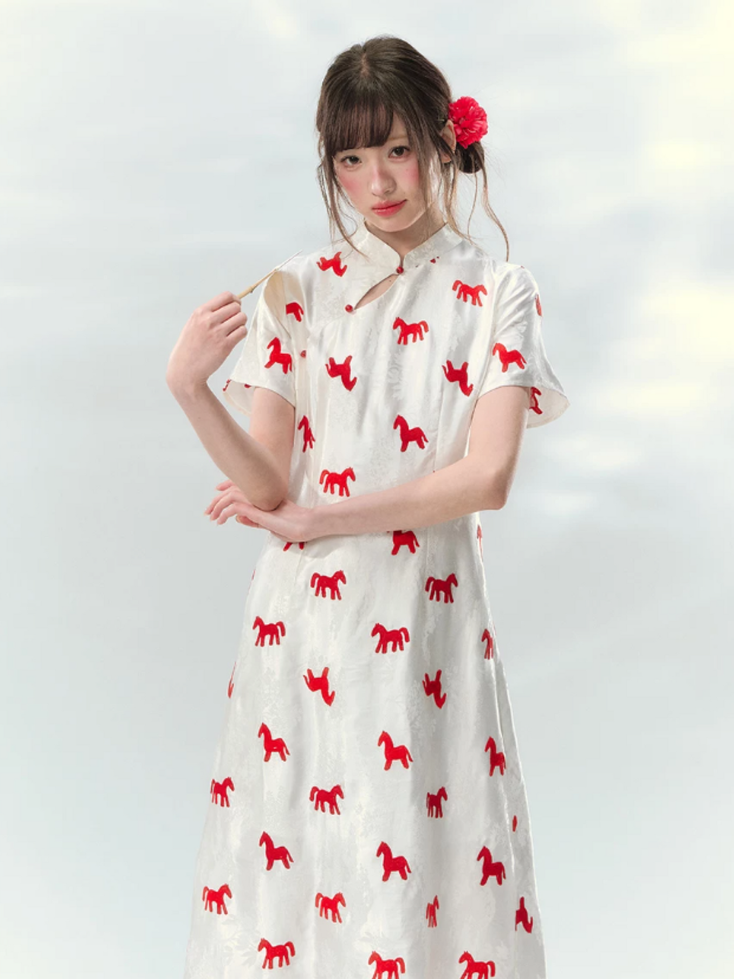 “Crimson Steed Reverie” Red Embroidered Cheongsam Dress LL2026165