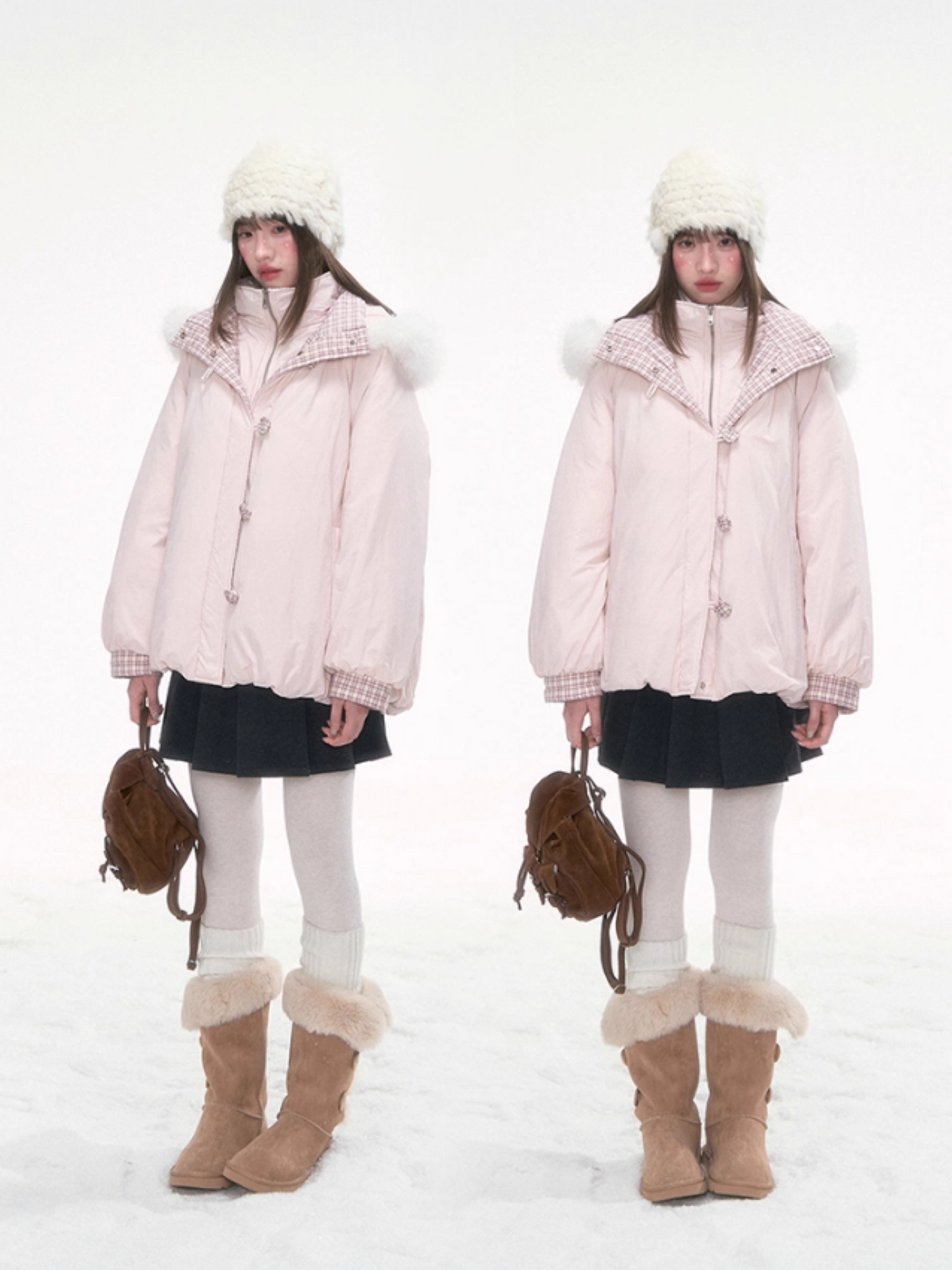 "Snow Mirage" Layered Bloom Down Parka – Pink Faux Two-Piece Hooded Coat with Fur Trim
