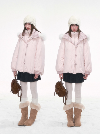 "Snow Mirage" Layered Bloom Down Parka – Pink Faux Two-Piece Hooded Coat with Fur Trim