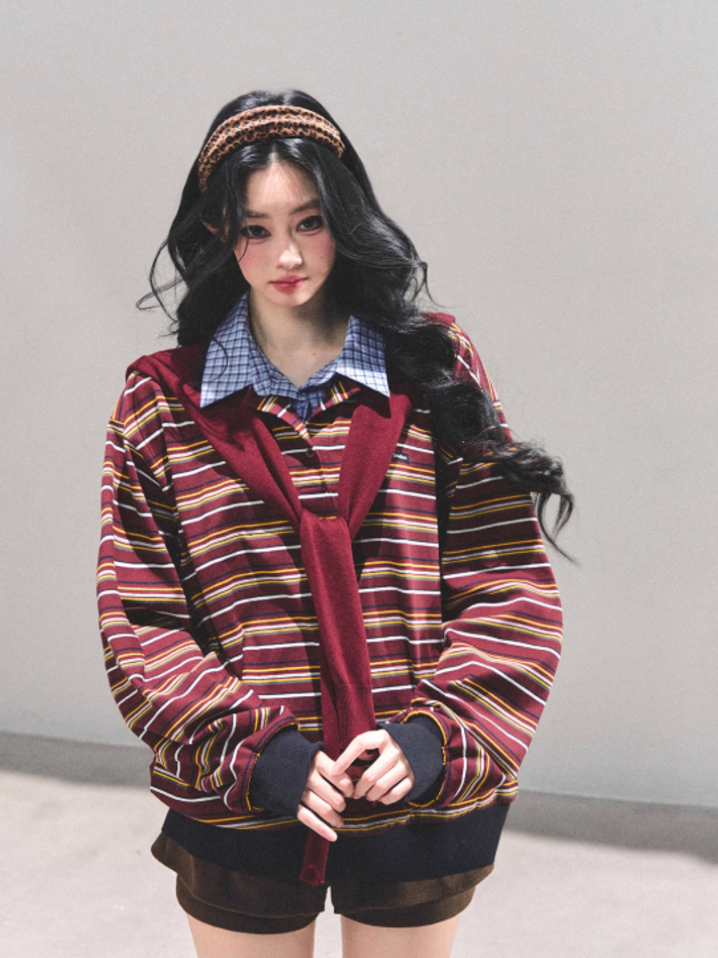 少也眼 "Unfinished Poem" Striped Polo Long Sleeve - Wine Red Striped