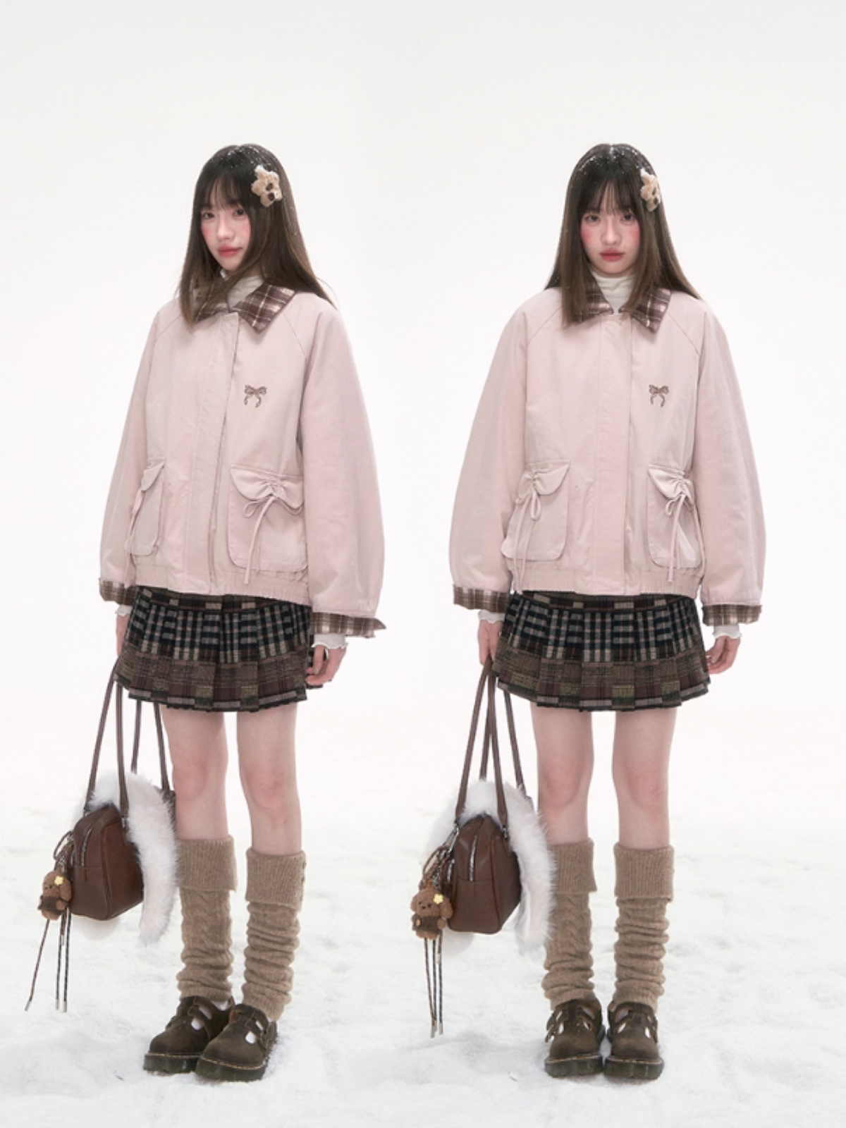 [CAN] Pink Contrast-Collar Padded Jacket with Plaid Detail