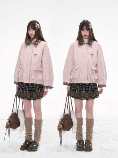[CAN] Pink Contrast-Collar Padded Jacket with Plaid Detail