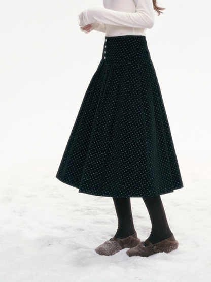 "Polka Waltz" Corduroy Pleated Skirt – Black/White Dot SJ2025333