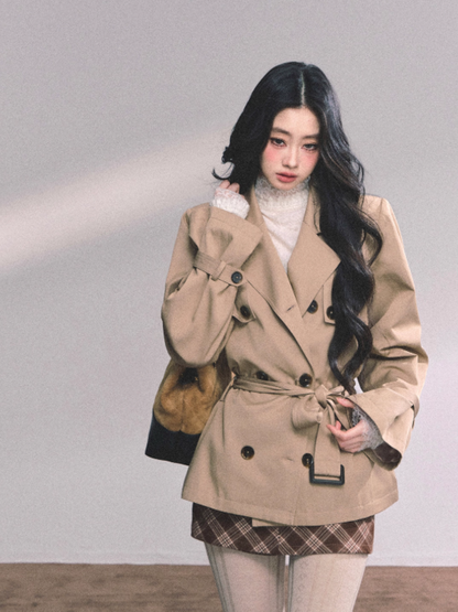 少也眼 Khaki Loose-Fit Jacket with Brown Skirt-Shorts Set