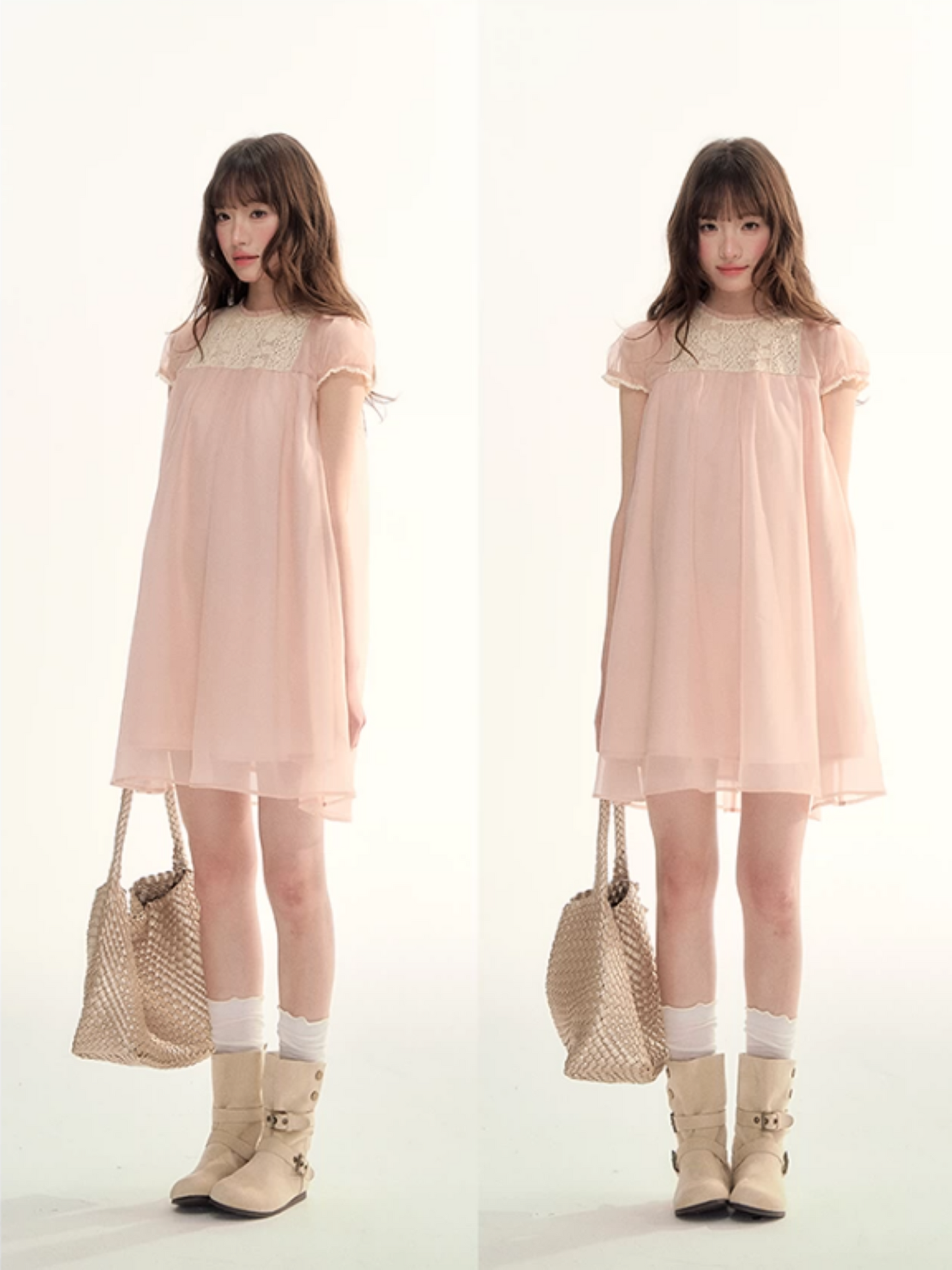 Sheer Lace Trim Puff Sleeve Babydoll Dress LL2026103