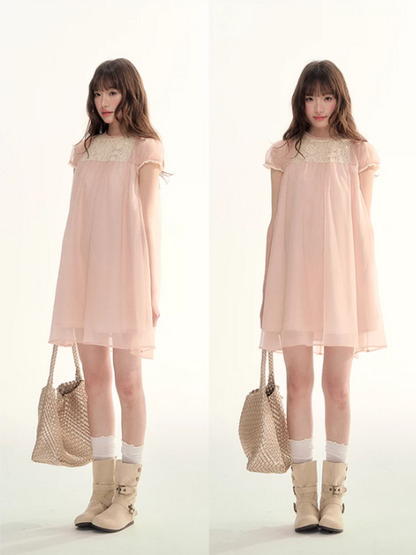 Sheer Lace Trim Puff Sleeve Babydoll Dress LL2026103
