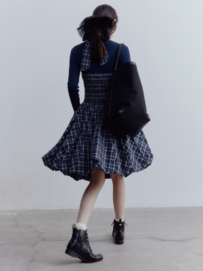FUSSED Blue Mood Gathered Halter Dress – Dark Night Scottish Plaid FOF-25SS154