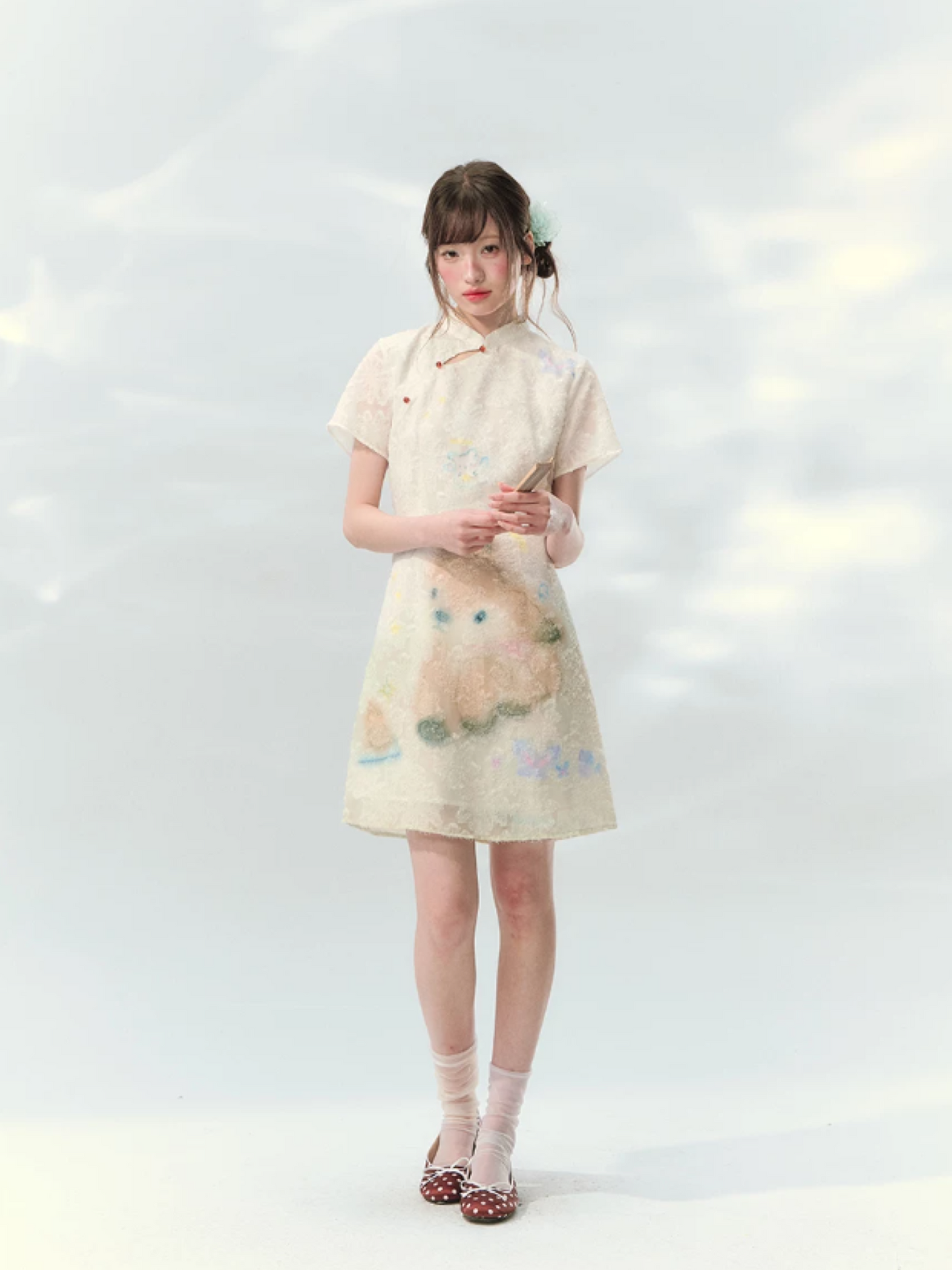 “Velvet Deer Whisper” Ivory Deer Print Cheongsam Dress LL2026174