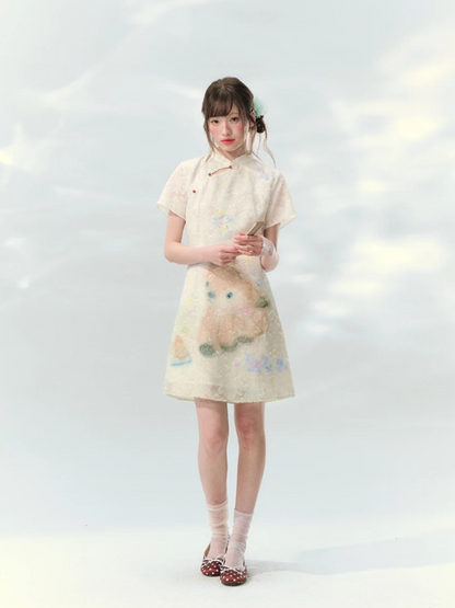 “Velvet Deer Whisper” Ivory Deer Print Cheongsam Dress LL2026174
