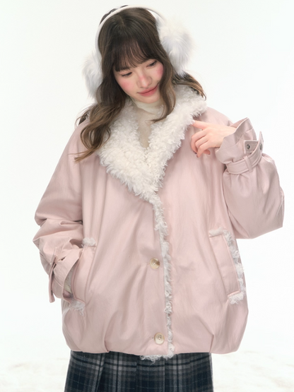 "Fuzzy Signal" Pale Pink PU-Trim 90% Down Jacket LL2025465