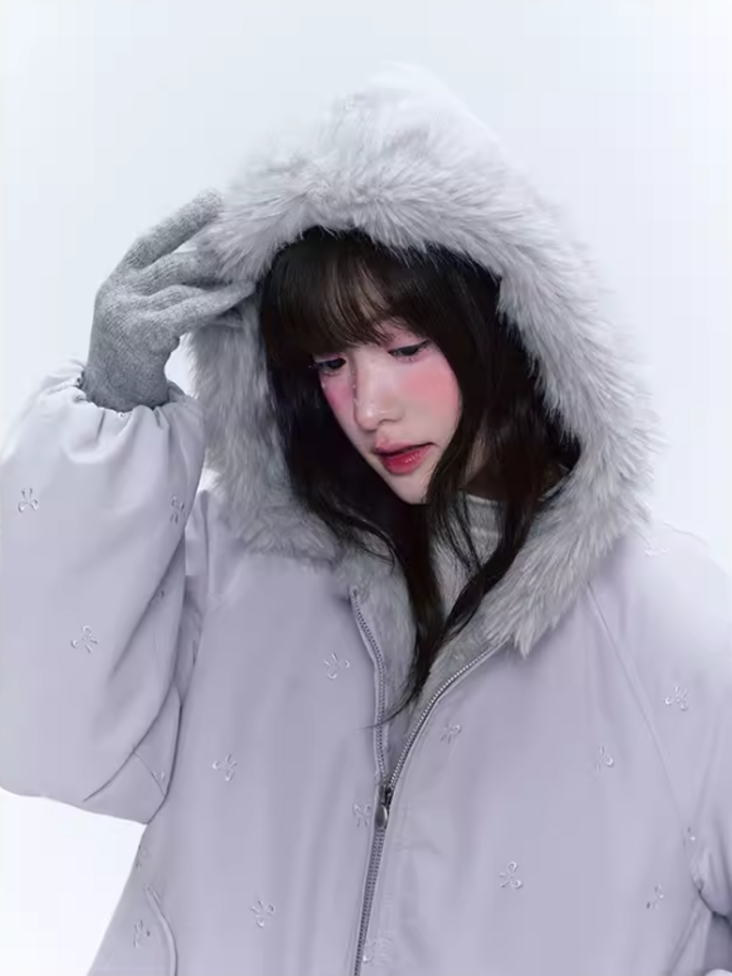 CREAMO2奶油氧气 - Soft Lilac Bow-Embroidered Eco Fur Puffer Jacket