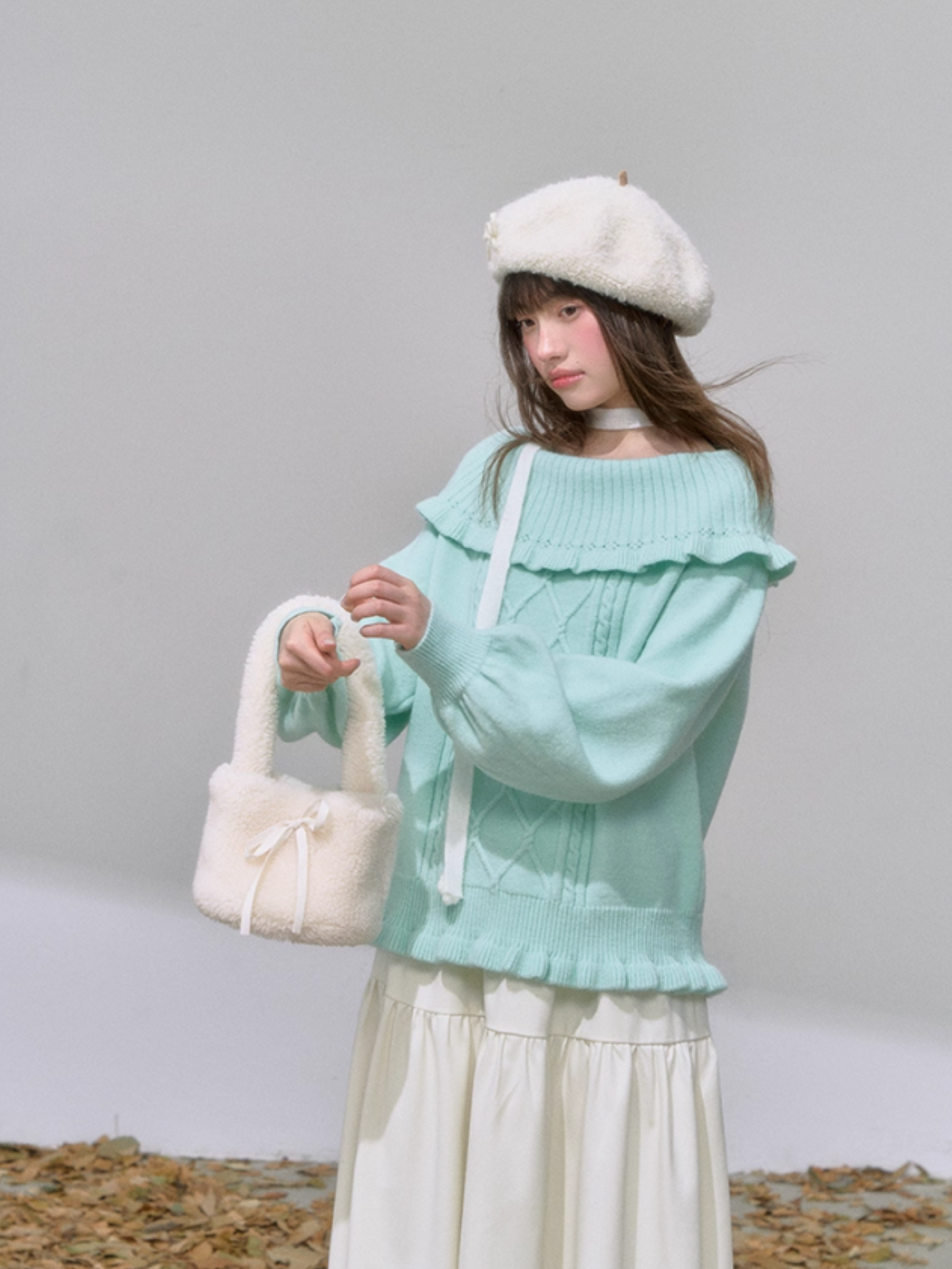 "薄荷云诗" Mint Green Korean Off-Shoulder Cable Knit Sweater