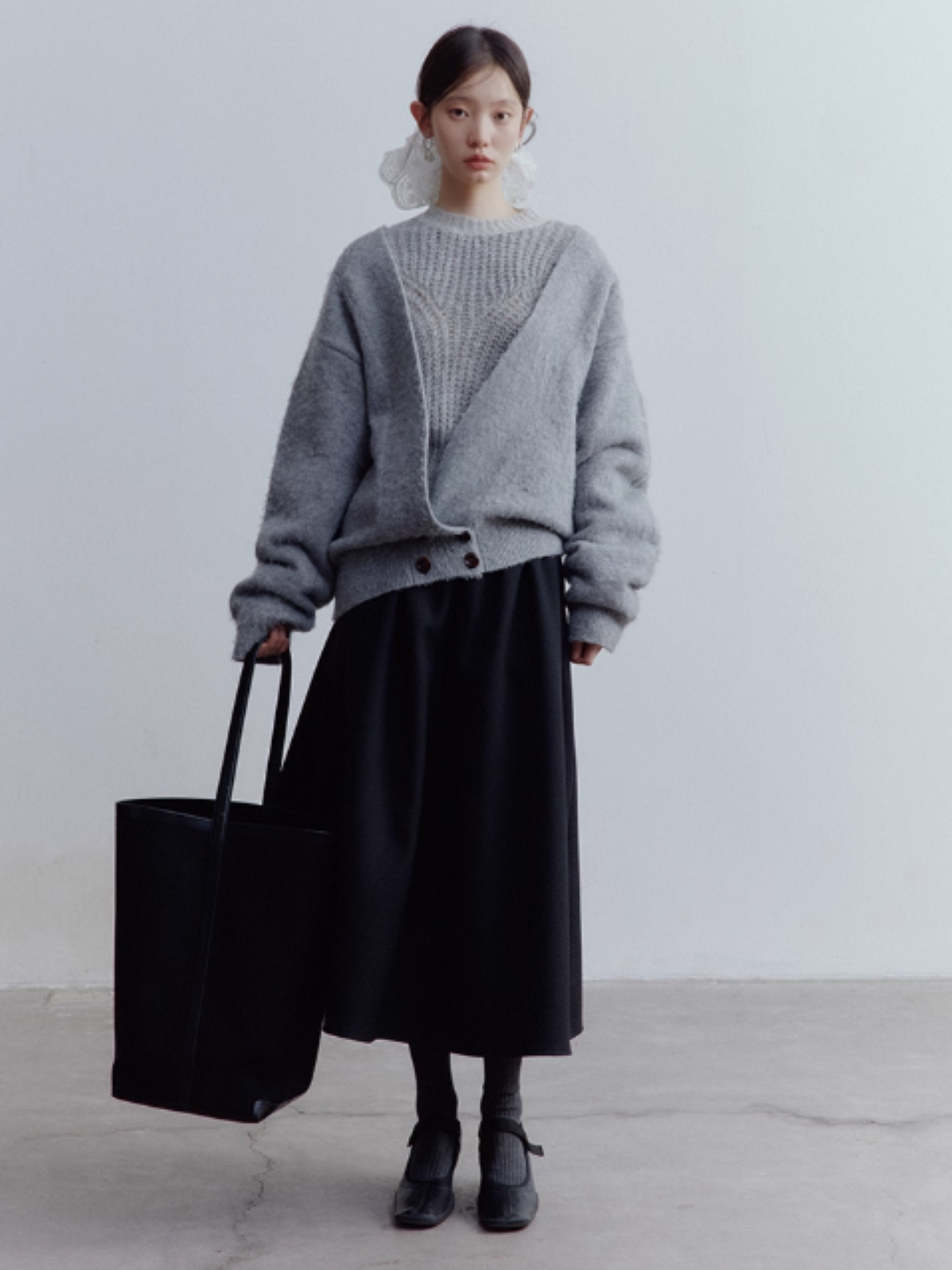FUSSED Lazy Furry Mist Gray Wool & Mohair V-Neck Cardigan FOF-25SS177