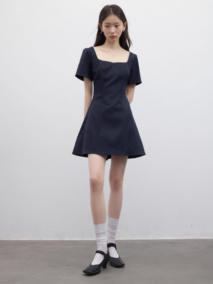 FUSSED Elegant Lady Square-Neck Linen-Cotton Dress – Moon Shadow Blue FOF-25SS079