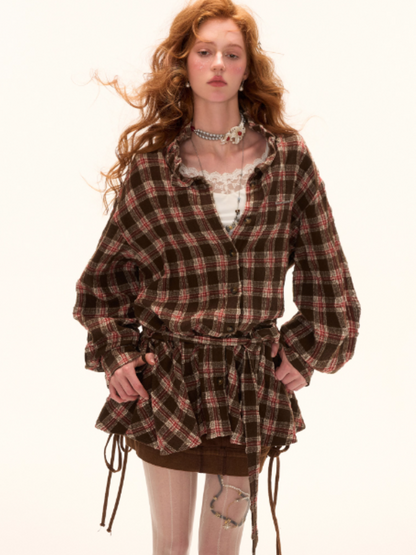 MAMC - Brown Bow Plaid Shirt Dress