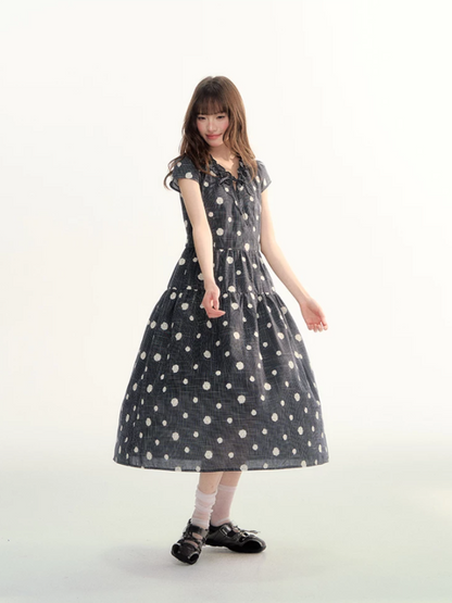 Navy Polka Dot Plaid Tie-Waist A-Line Dress LL2026095