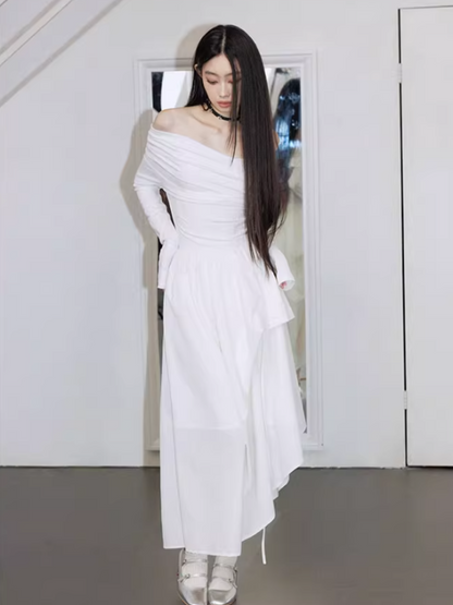 PCH - Hepburn Style Off-Shoulder Long Dress (White)