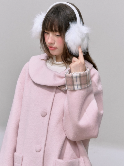 "樱格恋语" Sakura Pink A-Line Wool Coat with Oversized Bow