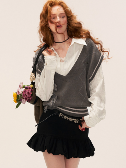 MAMC - V-Neck Preppy Gray Knit Vest WE807
