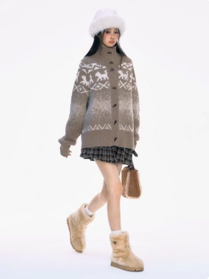 PCH - Camel High-Neck Knit Cardigan with Toggle Buttons