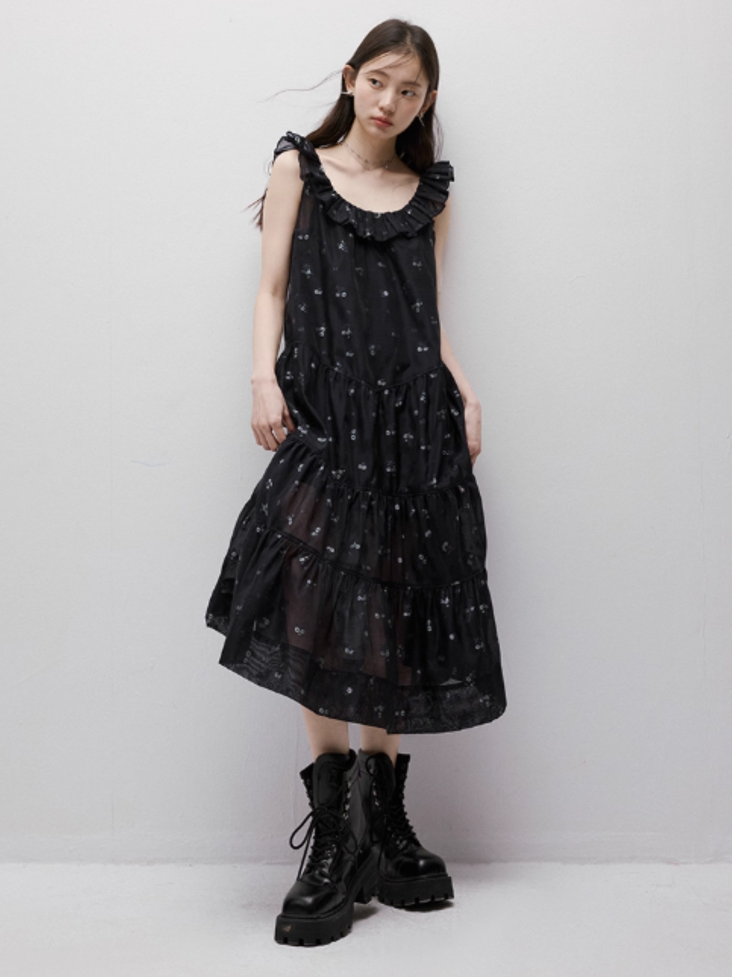 FUSSED Dropping Flora Burnout Floral Babydoll Maxi Dress – Dark Blue Floral FOF-25SS047b