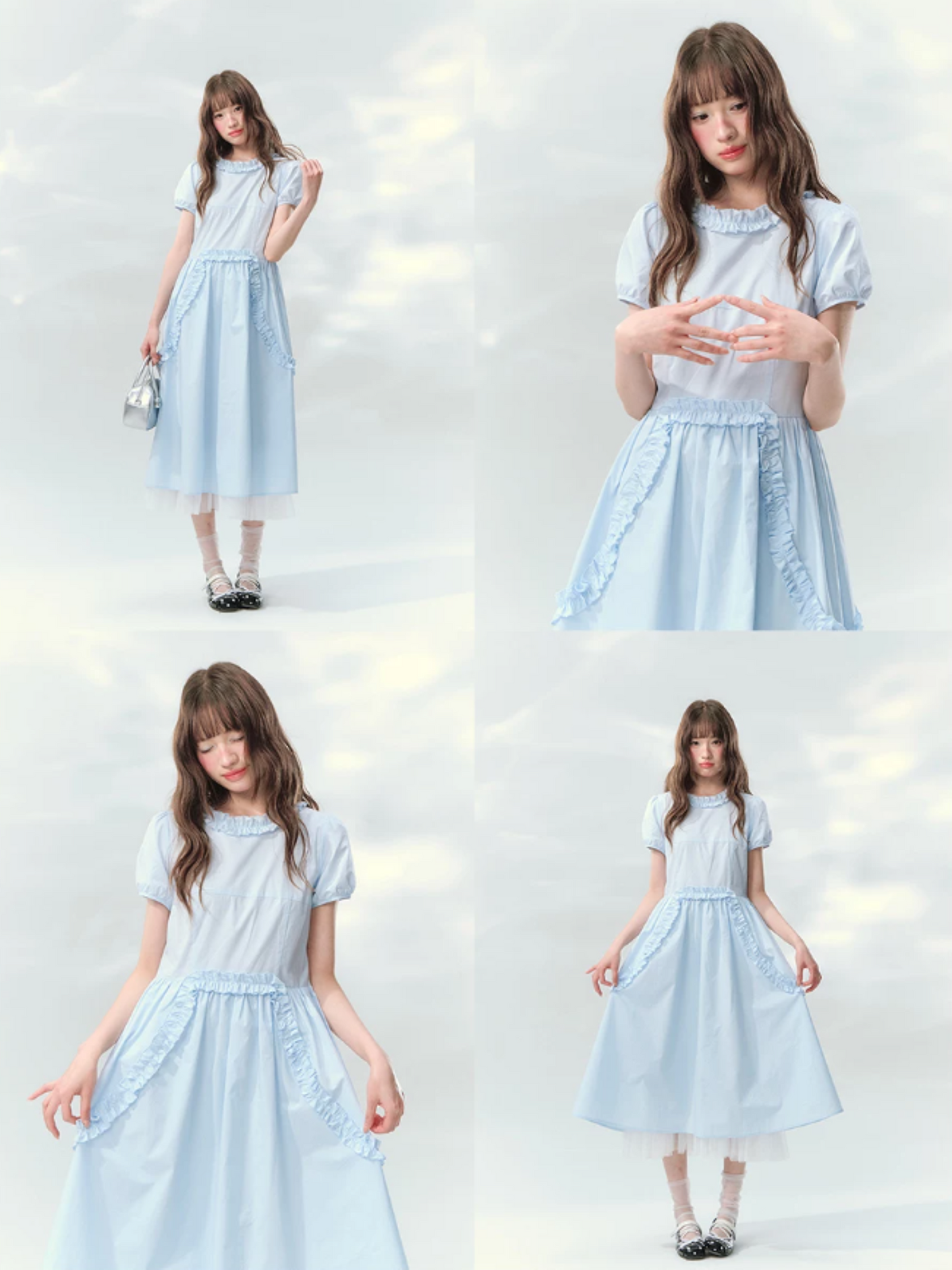 “Cloudside Blue” Mist Blue Puff Sleeve Midi Dress LL2026123