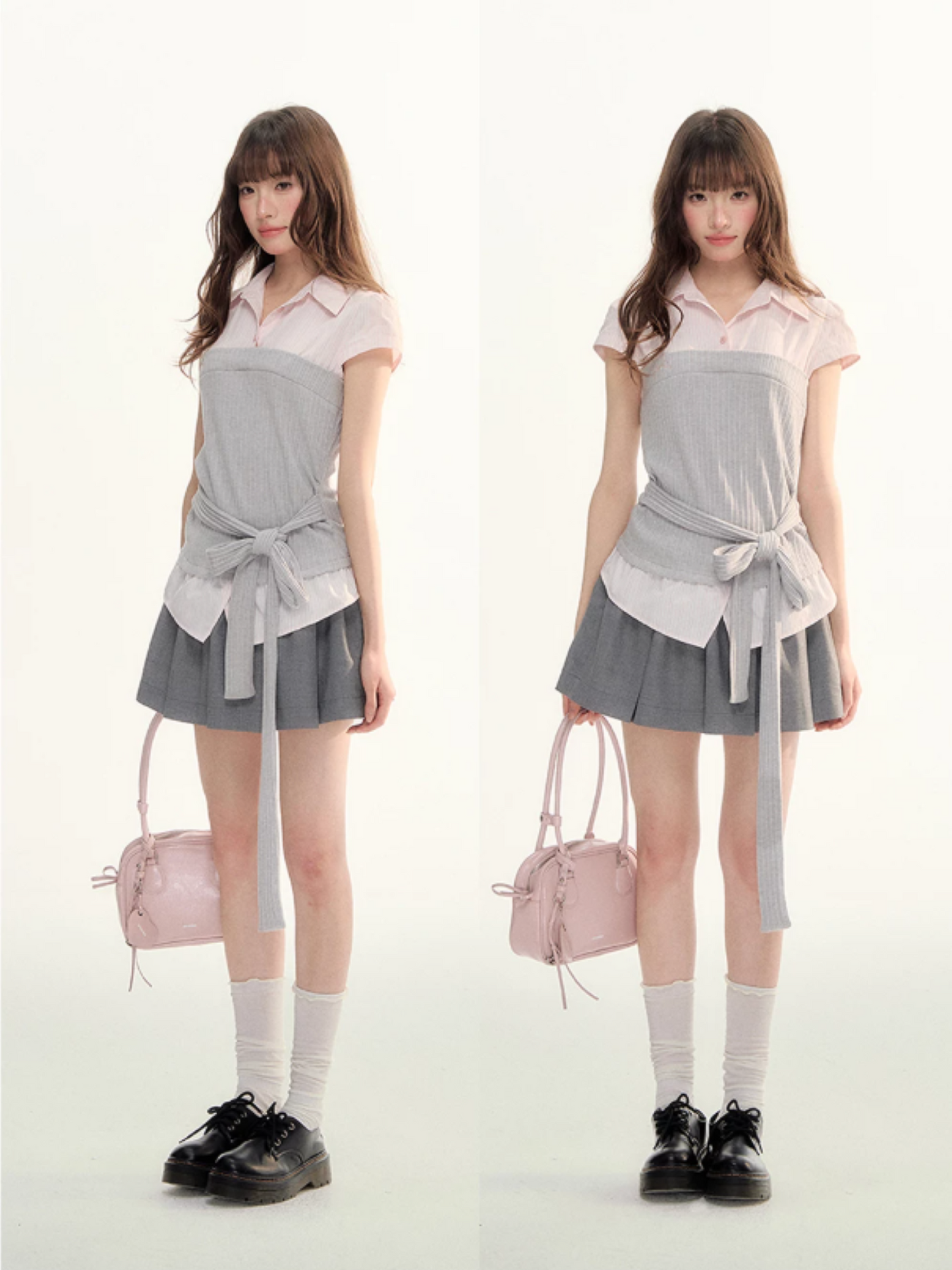 Pastel Plaid Knit Shirt & A-Line Puffy Skirt Set LL2026112