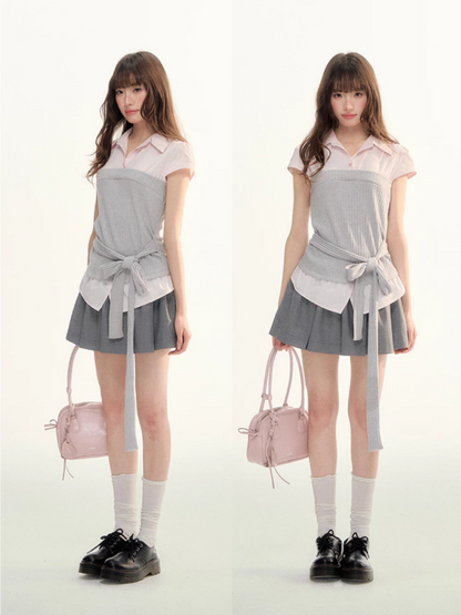 Pastel Plaid Knit Shirt & A-Line Puffy Skirt Set LL2026112