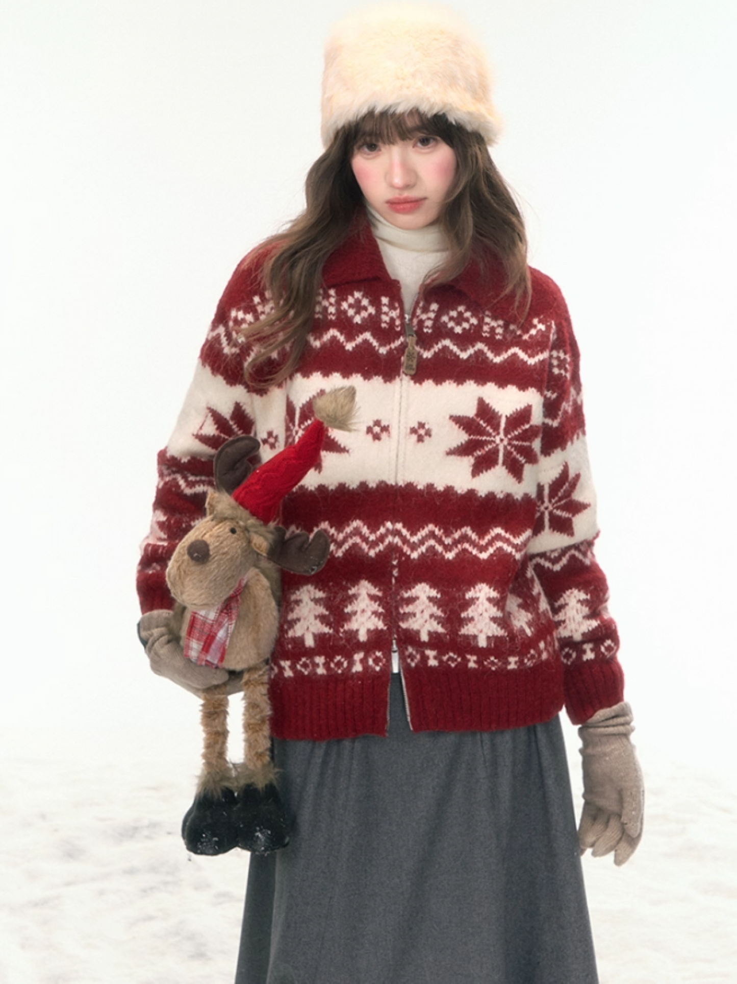 "Fluffy Snowtone" Vintage Red Holiday Knit Cardigan LL2025305