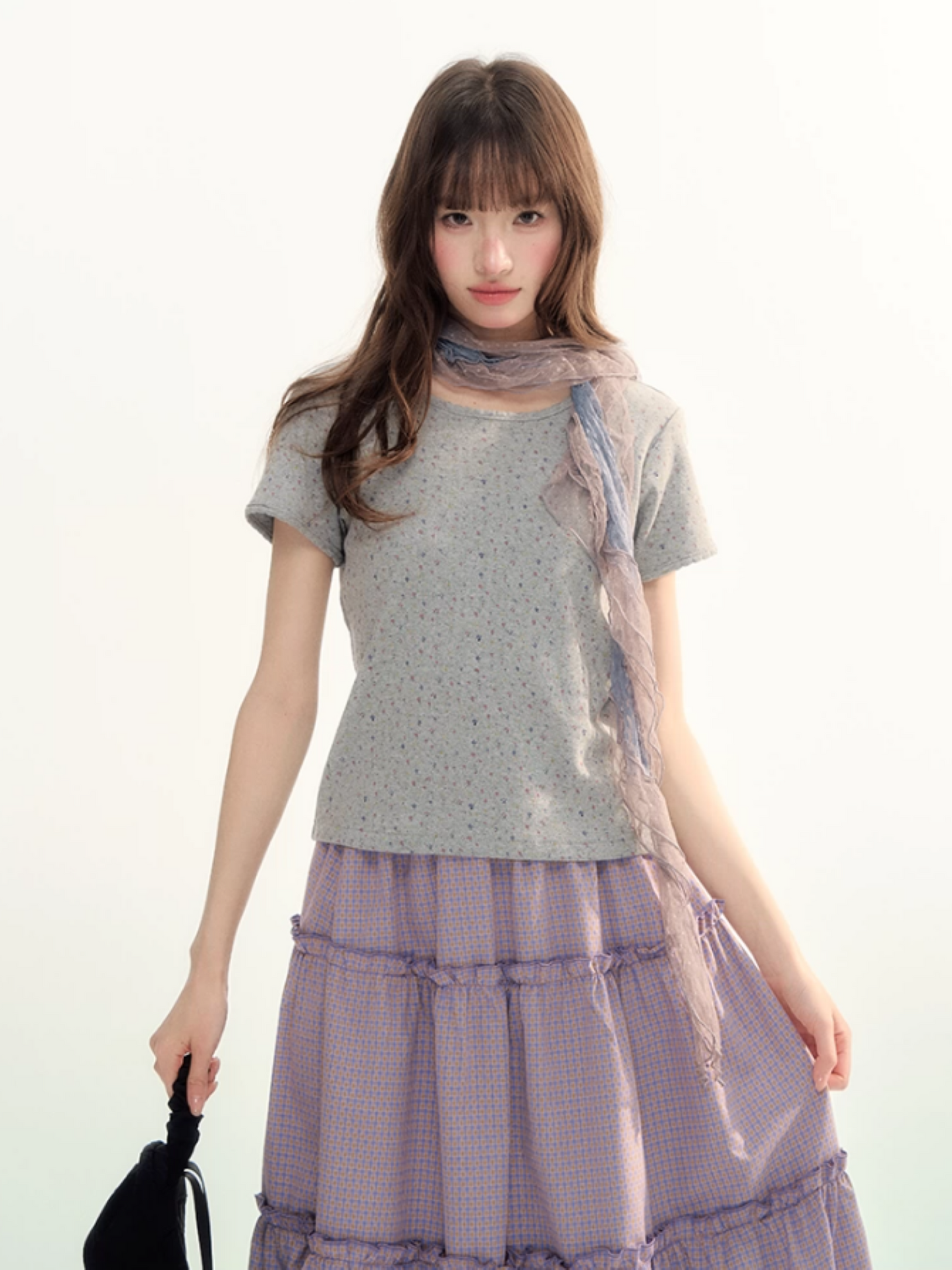 Grey Floral Lettuce Trim Fitted Baby Tee SJ2026090